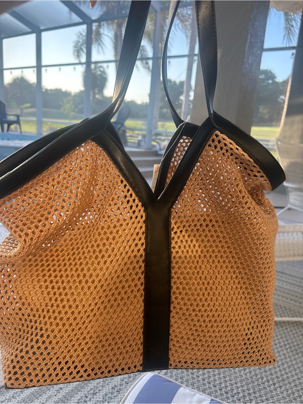 Woven Tote Bag with Black Trim - Tan